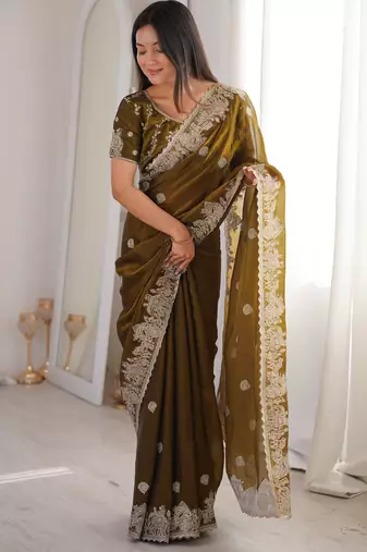 Mahendi Color Zari Embroidered & Hotfix work Silk blend Saree