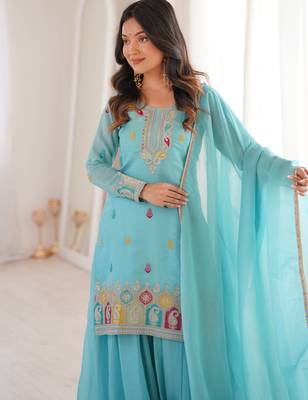 sky blue silk blend zari embbroidered sequins palazzo suit festive wear 3