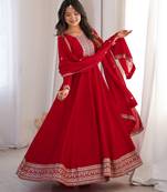 red  silk blend  flared anarkali gown set with dupatta