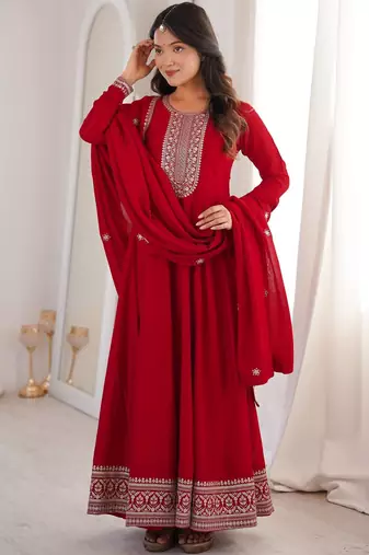 red  silk blend  flared anarkali gown set with dupatta