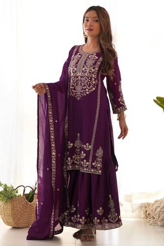 wine silk blend zari embbroidered sequins sharara suit festive wear