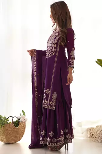 wine silk blend zari embbroidered sequins sharara suit festive wear
