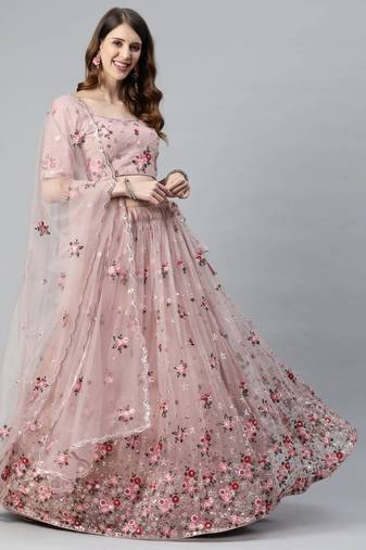 Net Sequin And Thread Embroidered Baby Pink Stitched Lehenga Choli