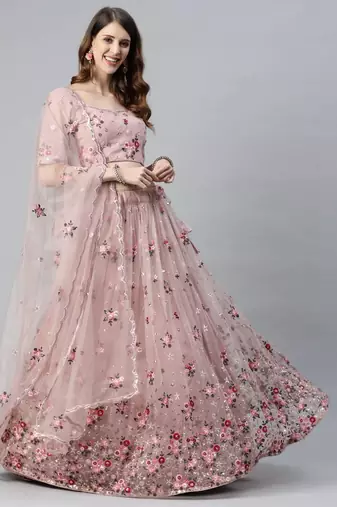 Net Sequin And Thread Embroidered Baby Pink Stitched Lehenga Choli