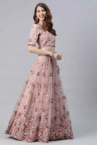 Net Sequin And Thread Embroidered Baby Pink Stitched Lehenga Choli