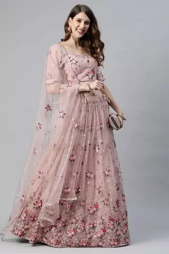 Net Sequin And Thread Embroidered Baby Pink Stitched Lehenga Choli