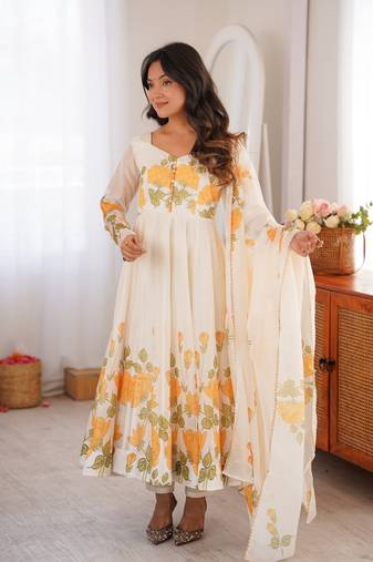 off white & yellow organza floral anarkali gown suit with dupatta