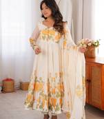 off white & yellow organza floral anarkali gown suit with dupatta