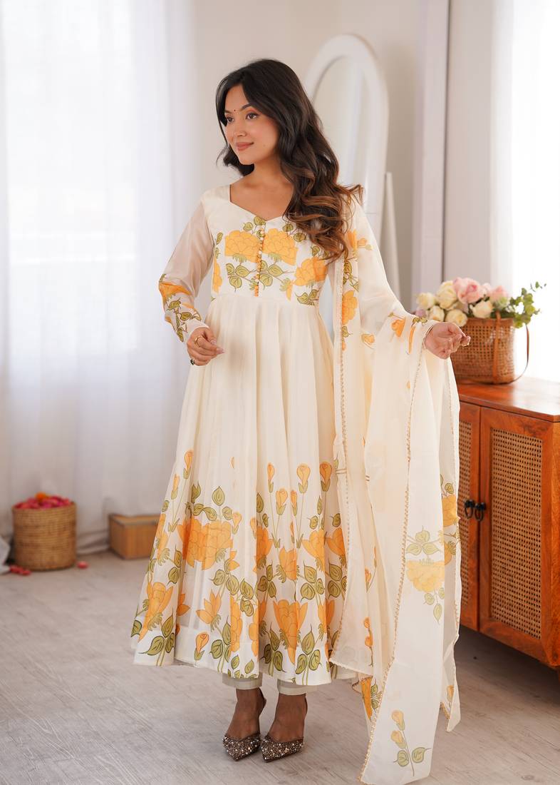 off white & yellow organza floral anarkali gown suit with dupatta