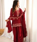 party wear maroon silk blend  front yoke work kurta with farshi shalwar