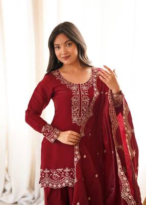party wear maroon silk blend  front yoke work kurta with farshi shalwar 2