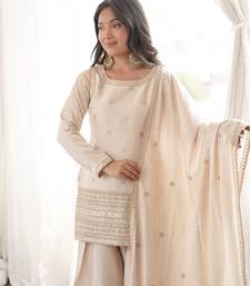 off white silk blend  kurta suit set with embroidery work