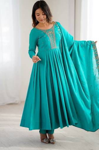 teal royal silk blend handwork anarkali gown with pant & dupatta set for women