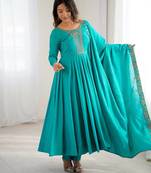teal royal silk blend handwork anarkali gown with pant & dupatta set for women