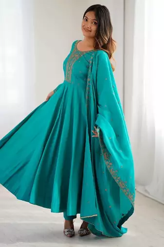 teal royal silk blend handwork anarkali gown with pant & dupatta set for women