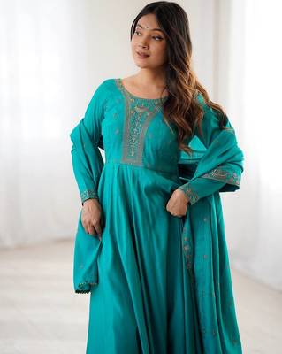 teal royal silk blend handwork anarkali gown with pant & dupatta set for women 3