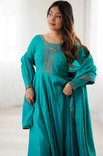 teal royal silk blend handwork anarkali gown with pant & dupatta set for women