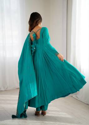 teal royal silk blend handwork anarkali gown with pant & dupatta set for women 4