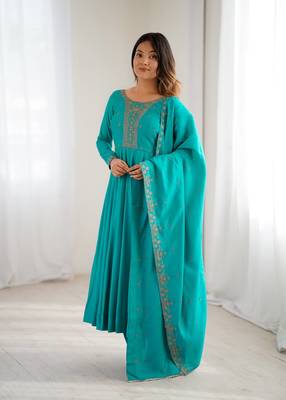 teal royal silk blend handwork anarkali gown with pant & dupatta set for women 5