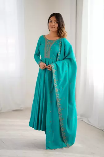 teal royal silk blend handwork anarkali gown with pant & dupatta set for women