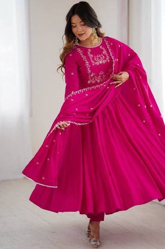dark pink  silk blend  anarkali dress with huge flair for women's