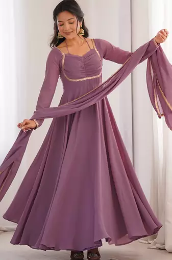 mauve pink  fox blooming georgette anarkali dress with dupatta