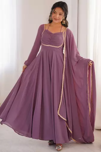 mauve pink  fox blooming georgette anarkali dress with dupatta