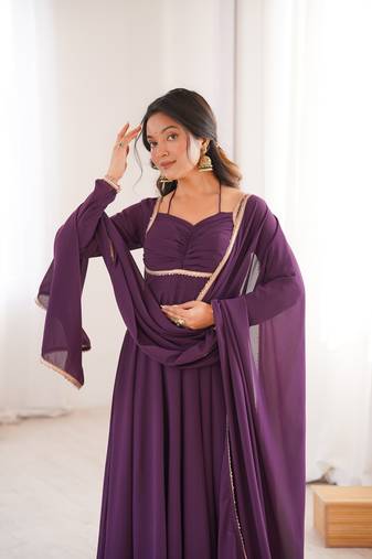 wine  fox blooming georgette anarkali dress with dupatt