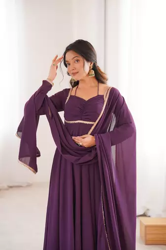 wine  fox blooming georgette anarkali dress with dupatt