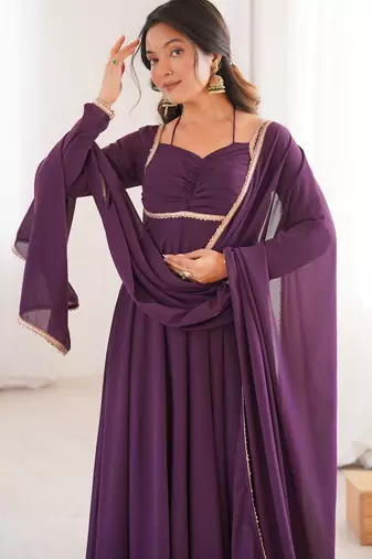 wine  fox blooming georgette anarkali dress with dupatt
