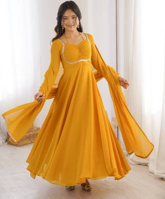 yellow  fox blooming georgette anarkali dress with dupatta 1
