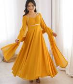yellow  fox blooming georgette anarkali dress with dupatta