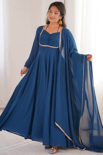 teal blue  fox blooming georgette anarkali dress with dupatta