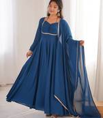teal blue  fox blooming georgette anarkali dress with dupatta