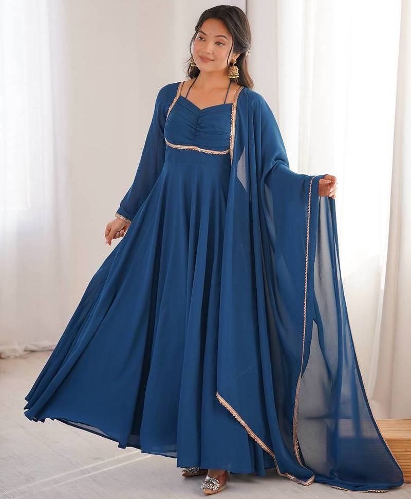 teal blue  fox blooming georgette anarkali dress with dupatta