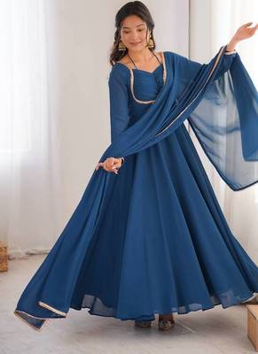 teal blue  fox blooming georgette anarkali dress with dupatta 2