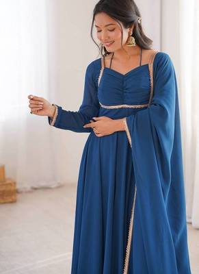 teal blue  fox blooming georgette anarkali dress with dupatta 3