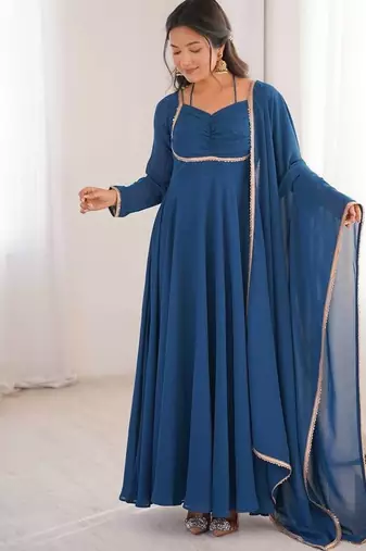 teal blue  fox blooming georgette anarkali dress with dupatta