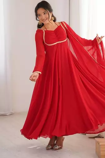 red  fox blooming georgette anarkali dress with dupatta