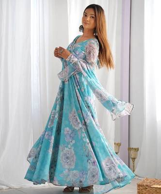 sky blue fox georgette floral printed gown 2