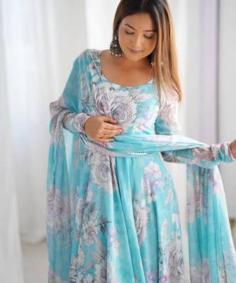 sky blue fox georgette floral printed gown 3