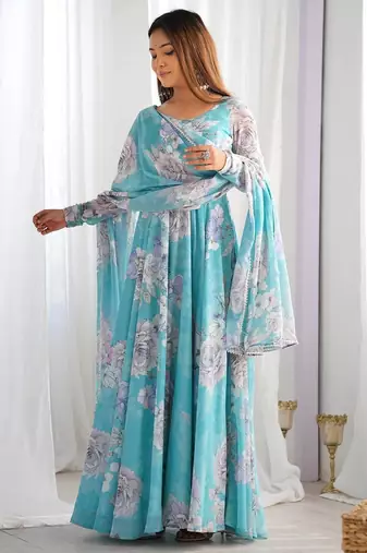 sky blue fox georgette floral printed gown
