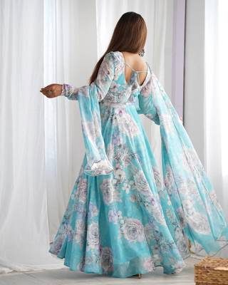 sky blue fox georgette floral printed gown 5