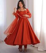orange color chanderi silk blend three piece anarkali suit