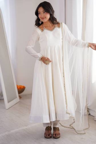 off white color chanderi silk blend three piece anarkali suit