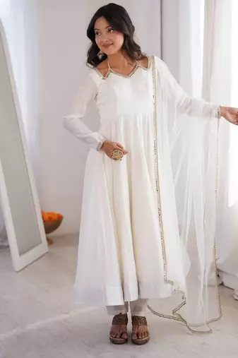 off white color chanderi silk blend three piece anarkali suit