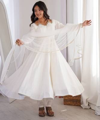 off white color chanderi silk blend three piece anarkali suit 2
