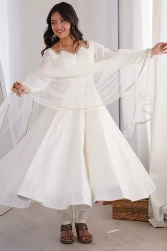 off white color chanderi silk blend three piece anarkali suit