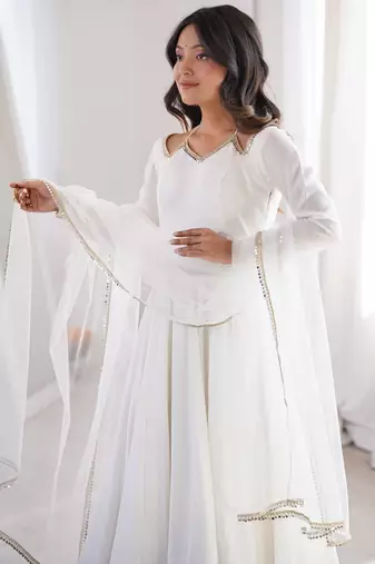off white color chanderi silk blend three piece anarkali suit