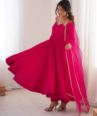 dark pink color chanderi silk blend three piece anarkali suit 3